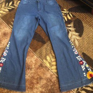 Women Denim Jeans  Stretch Wide Leg Bell Bottom Embroidered New  XL